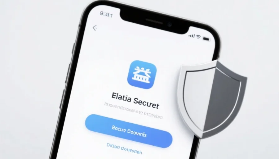 一部现代智能手机屏幕上显示喜乐应用的安全下载界面,旁边有安全盾牌图标,背景简洁